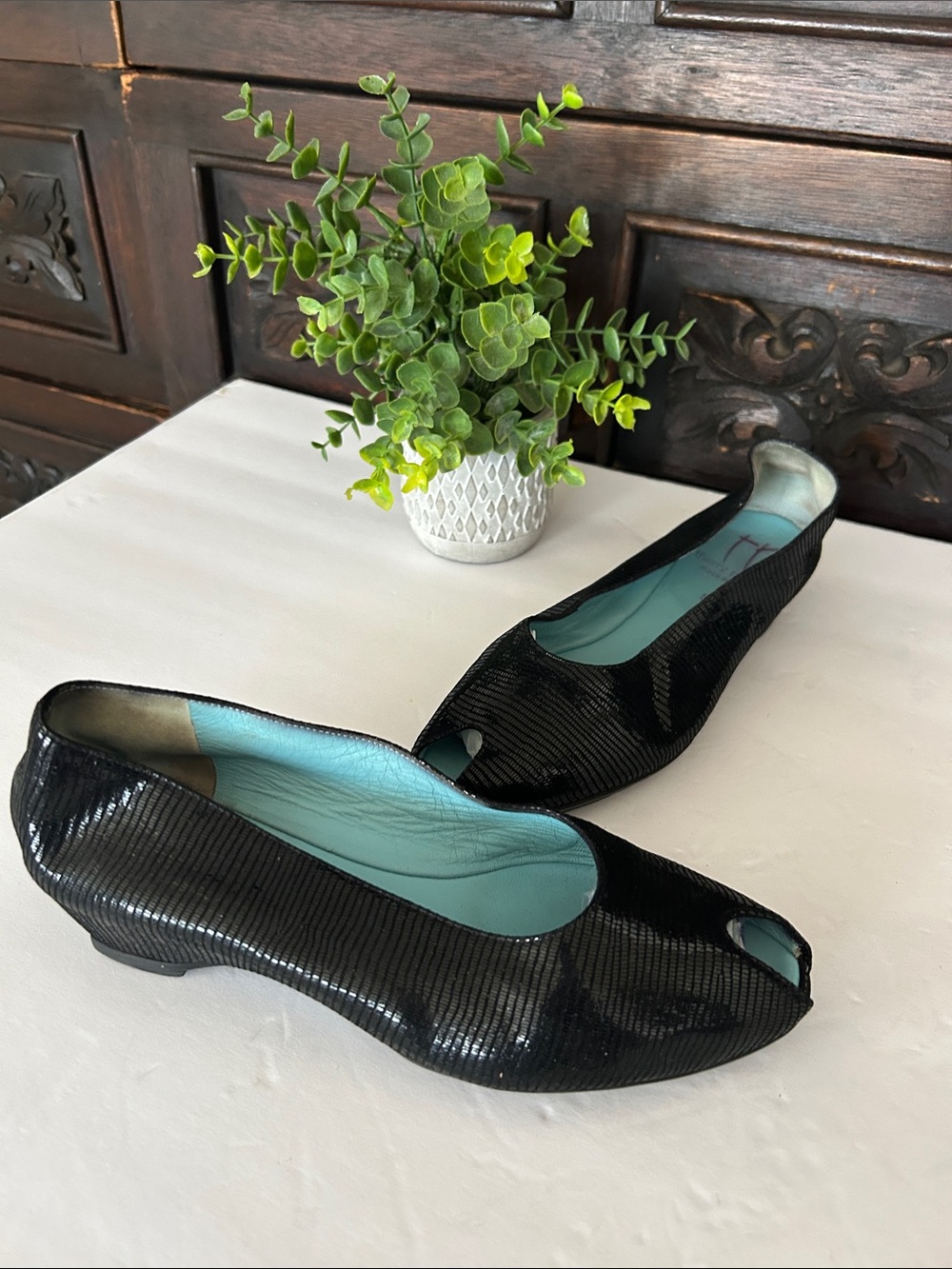 Thierry Rabotin Black Patent Peep-Toe Flats with Turquoise Insole